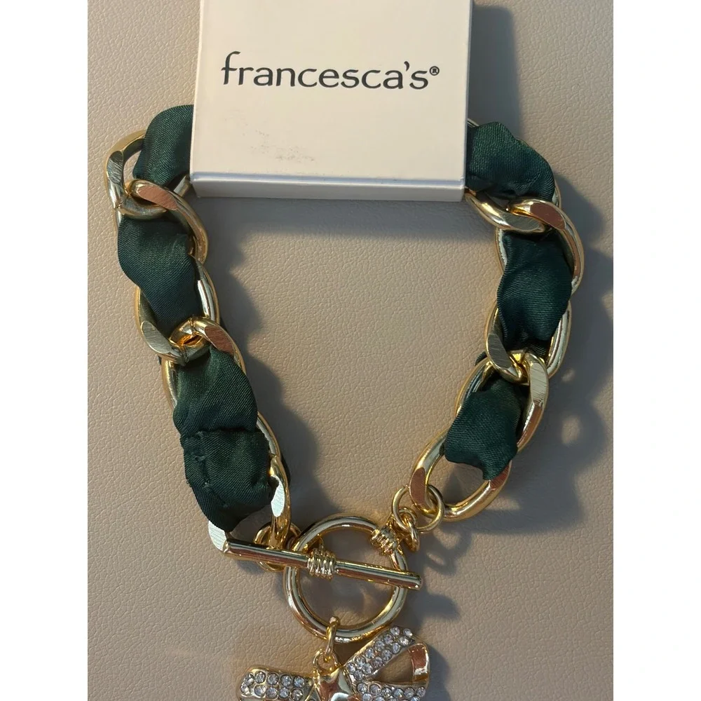 Francesca's Emerald Green Satin Ribbon Gold Chain Rhinestone Bow Bracelet NEW‎